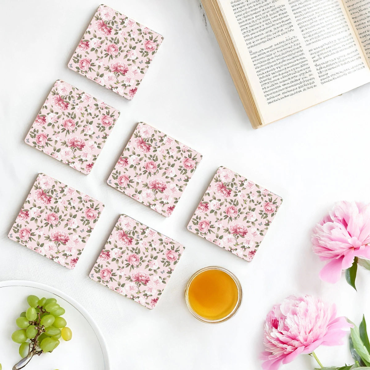 Pink Peonies Coasters | Set of 6 with Stand